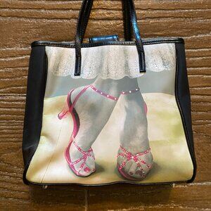 Cute tote purse handbag with pink shoes & white rhinestones. Black & beige.